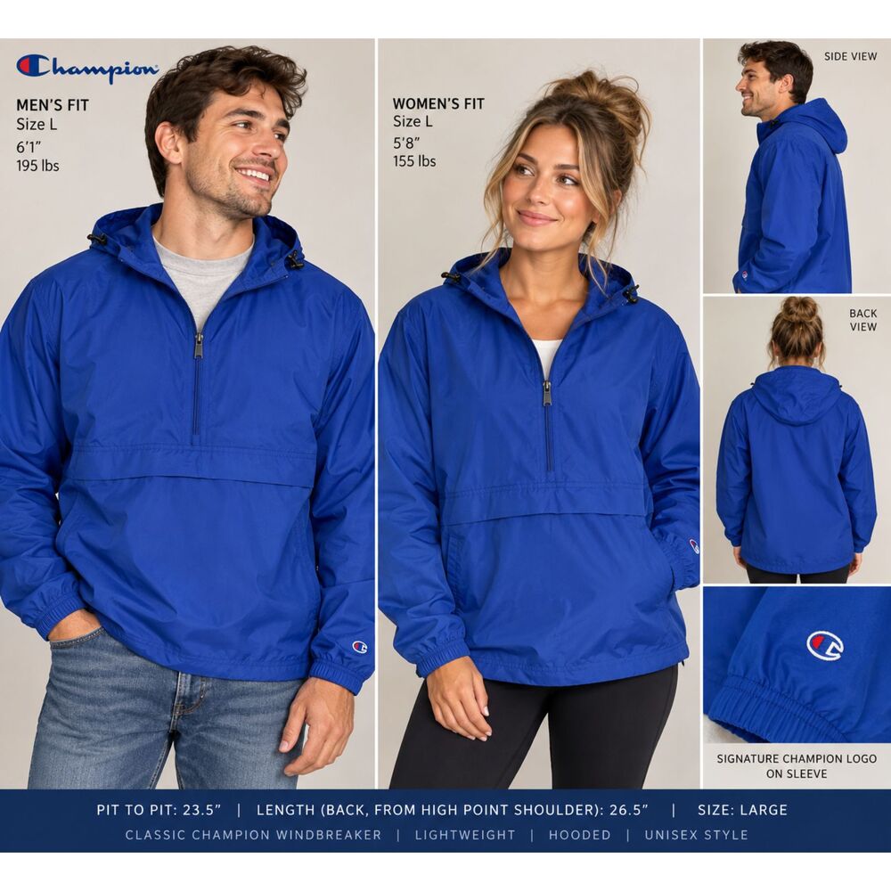 Champion Packable Anorak Half Zip Hooded Windbreaker Jacket Royal Blue Mens L